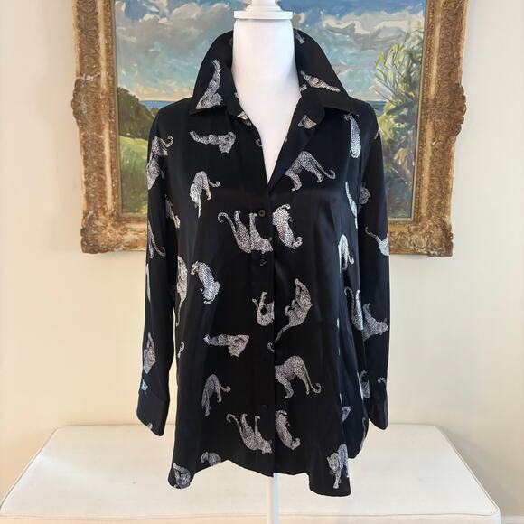 L’Agence Tyler Silk Leopard Cat Print Button Down Shirt Blouse Black Large NWT - Picture 11 of 13